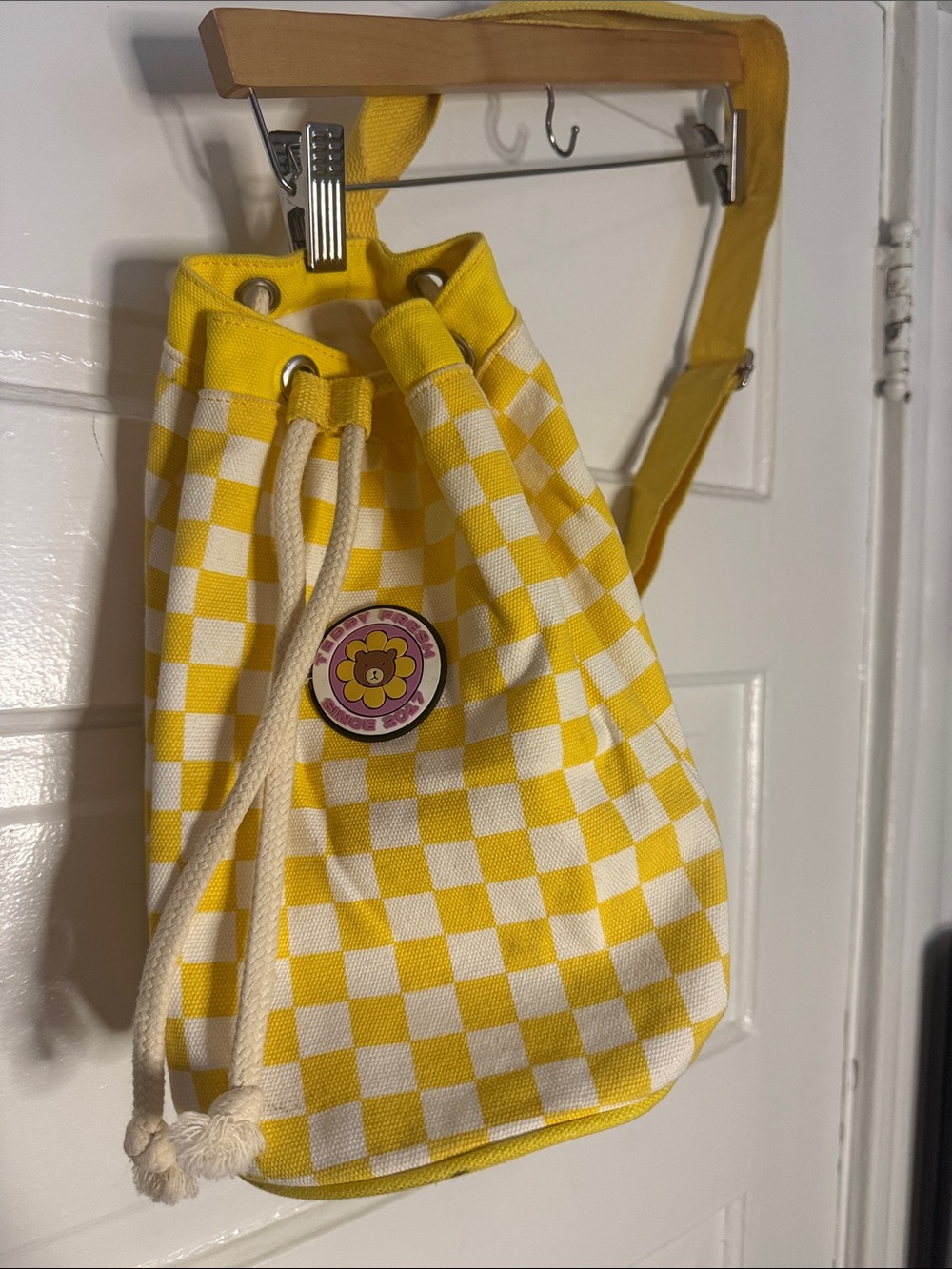 Teddy Fresh Yellow Checkered Canvas Drawstring Bucket Bag